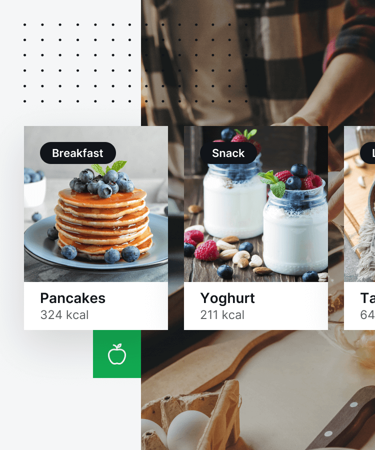 collage des bildschirms der joggo-lauf-app mit einem pfannkuchenrezept und läufer, die pfannkuchen machen