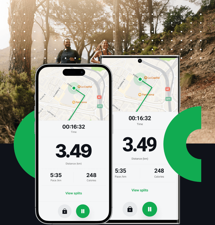 application de course à pied joggo sur les téléphones apple et android avec des personnes heureuses en train de faire du jogging en forêt en arrière-plan
