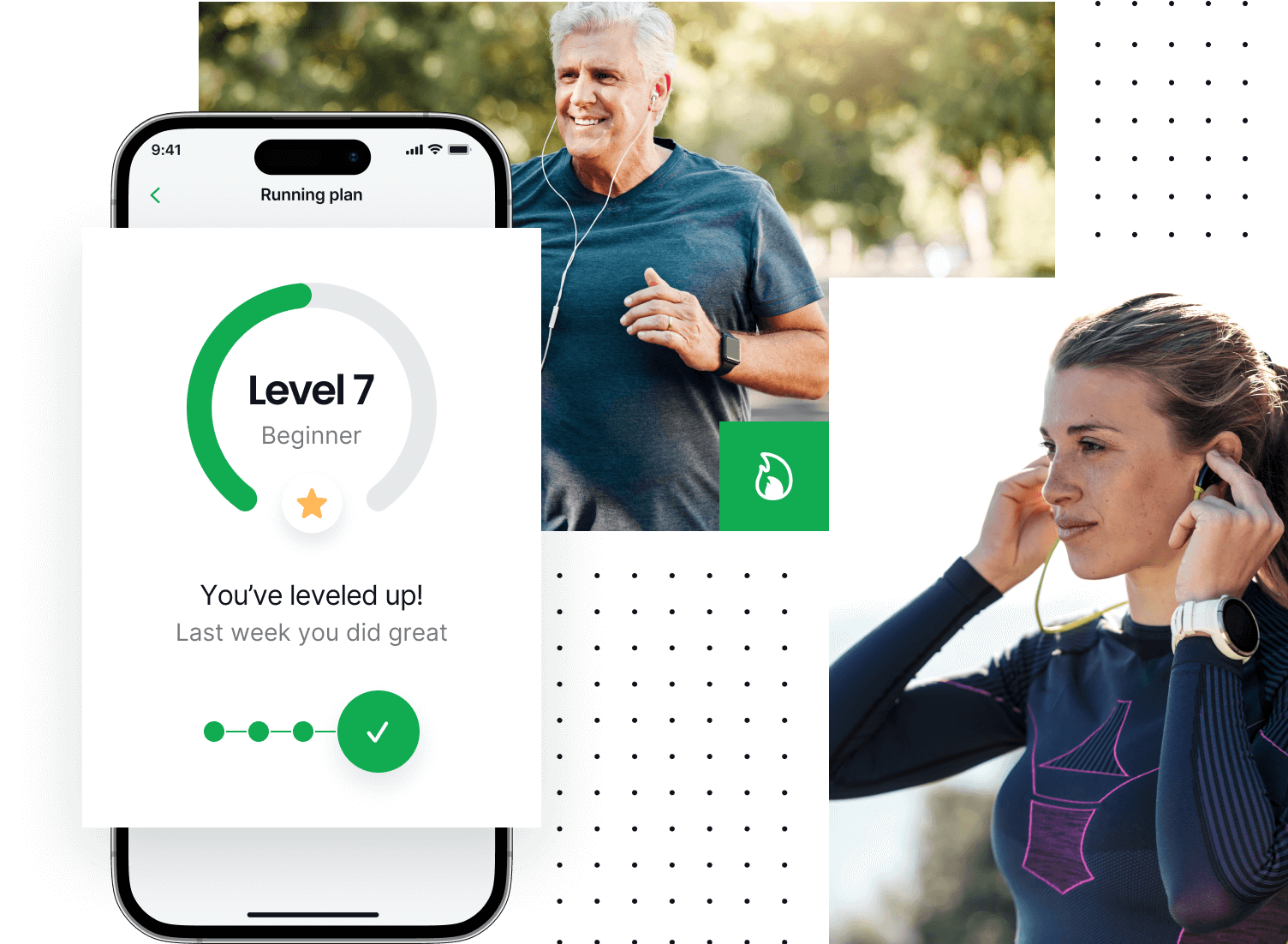 collage des bildschirms der joggo-app mit motivierenden inhalten und app-nutzern beim laufen