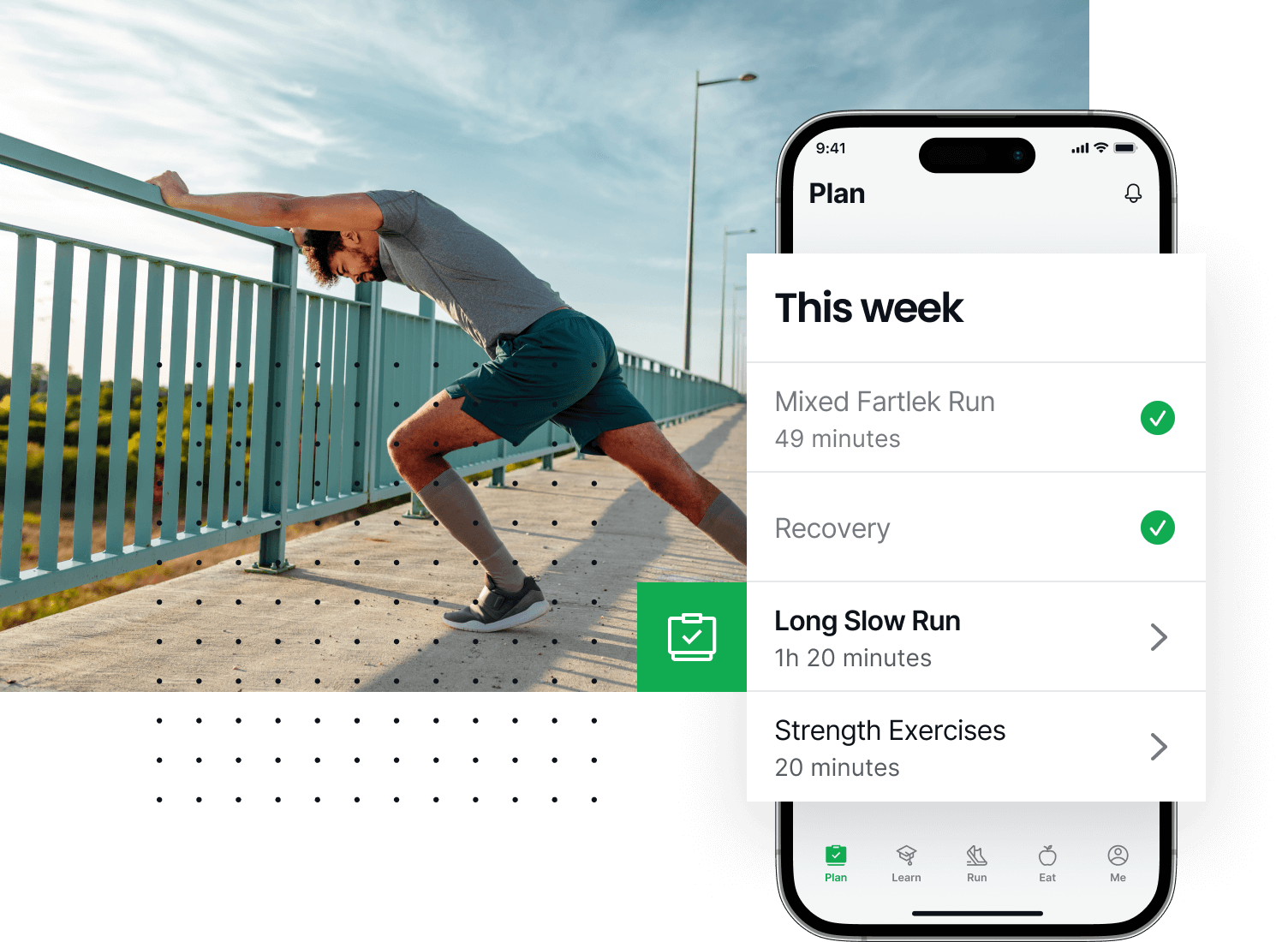 collage di schermate dell'app in esecuzione, che mostra un programma di corsa personalizzato e un uomo che fa stretching dopo aver corso