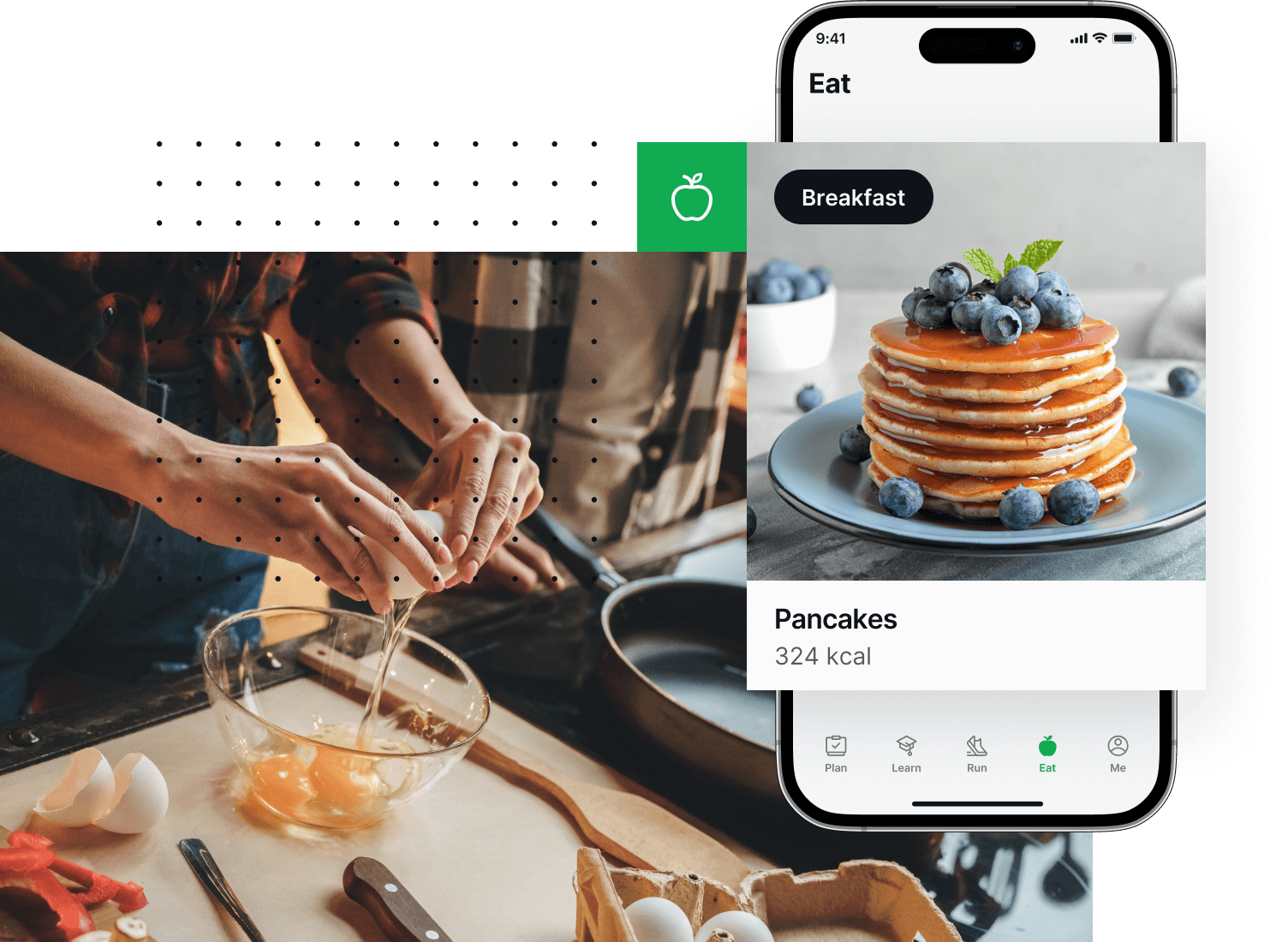 collage of joggo running app screen showing a pancake recipe and runner making pancakes